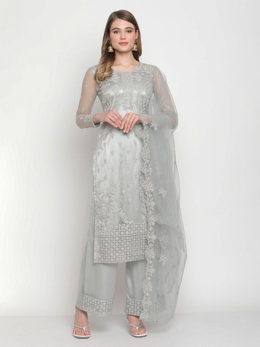 stylee lifestyle grey embroidered semi-stitched dress material