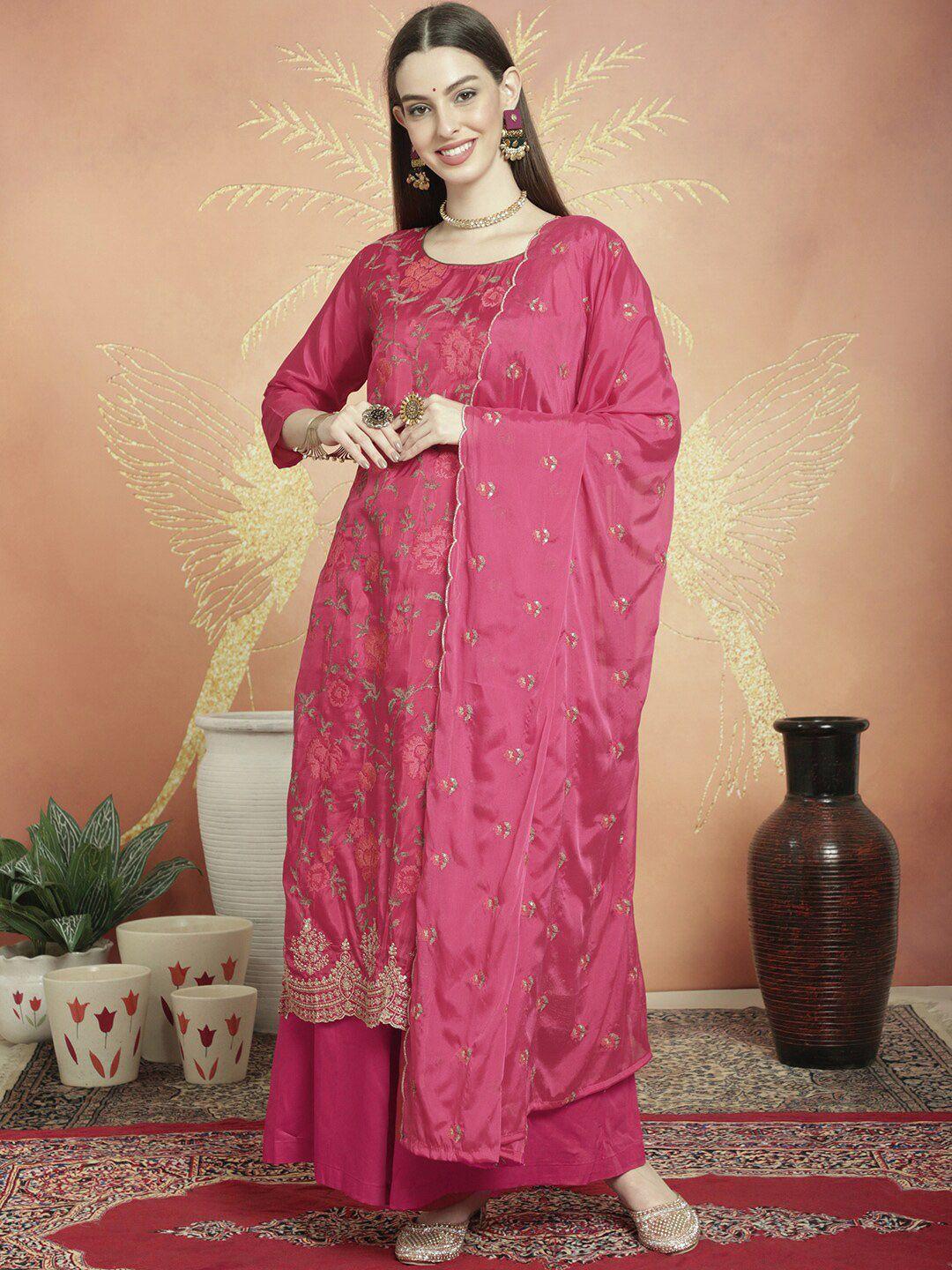 stylee lifestyle magenta embroidered pure silk unstitched dress material