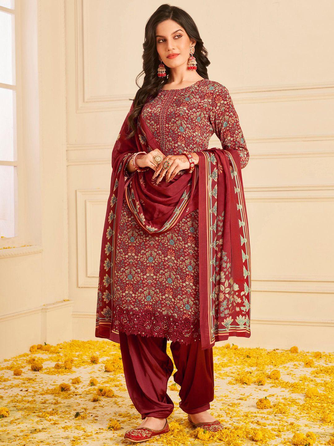 stylee lifestyle maroon & blue printed silk crepe unstitched dress material