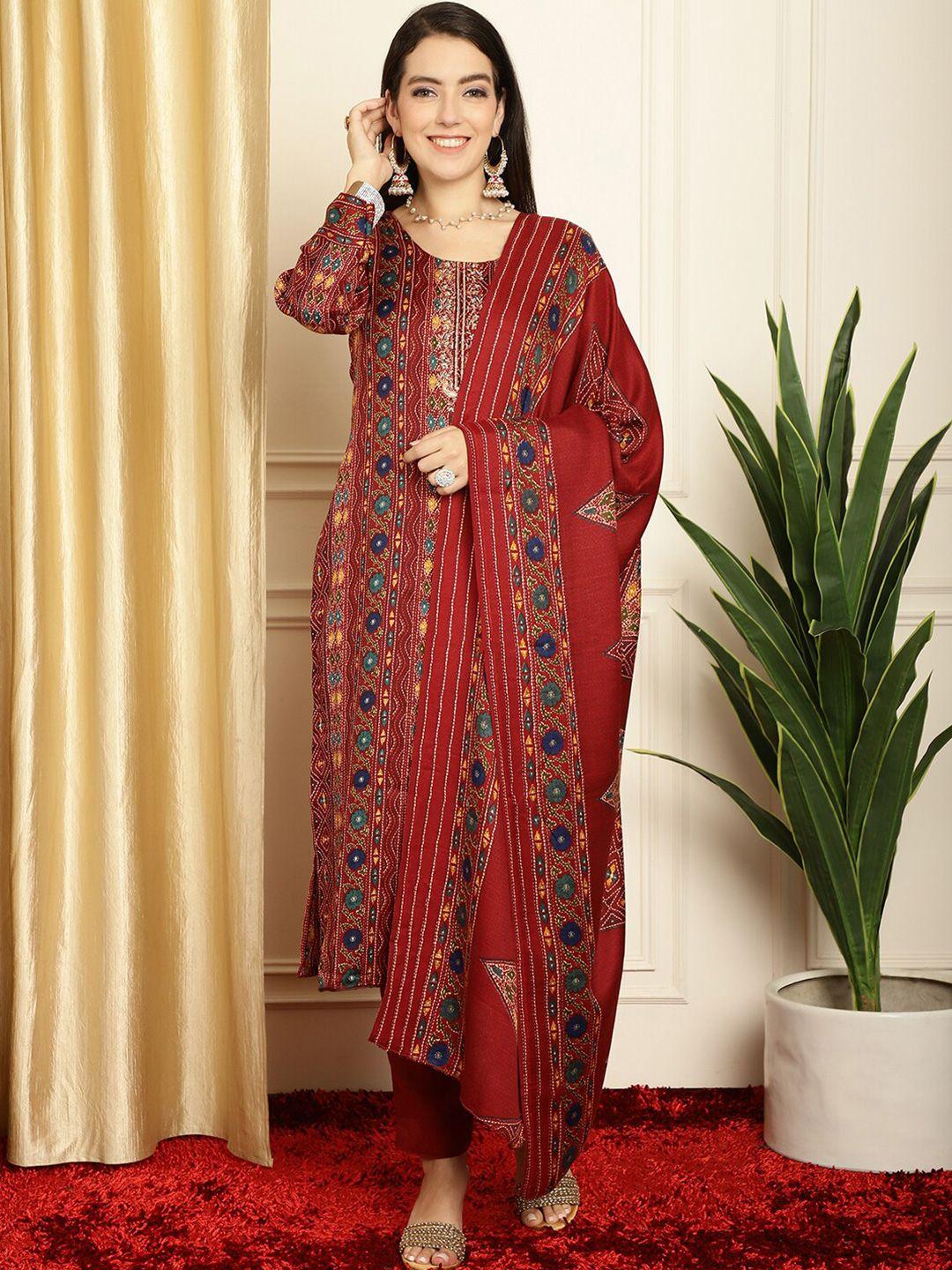 stylee lifestyle maroon & blue printed unstitched dress material