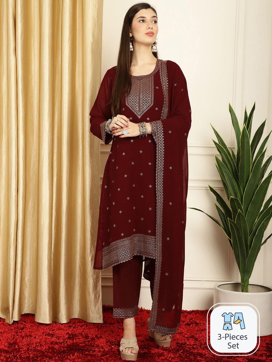stylee lifestyle maroon & gold-toned embroidered silk georgette unstitched dress material