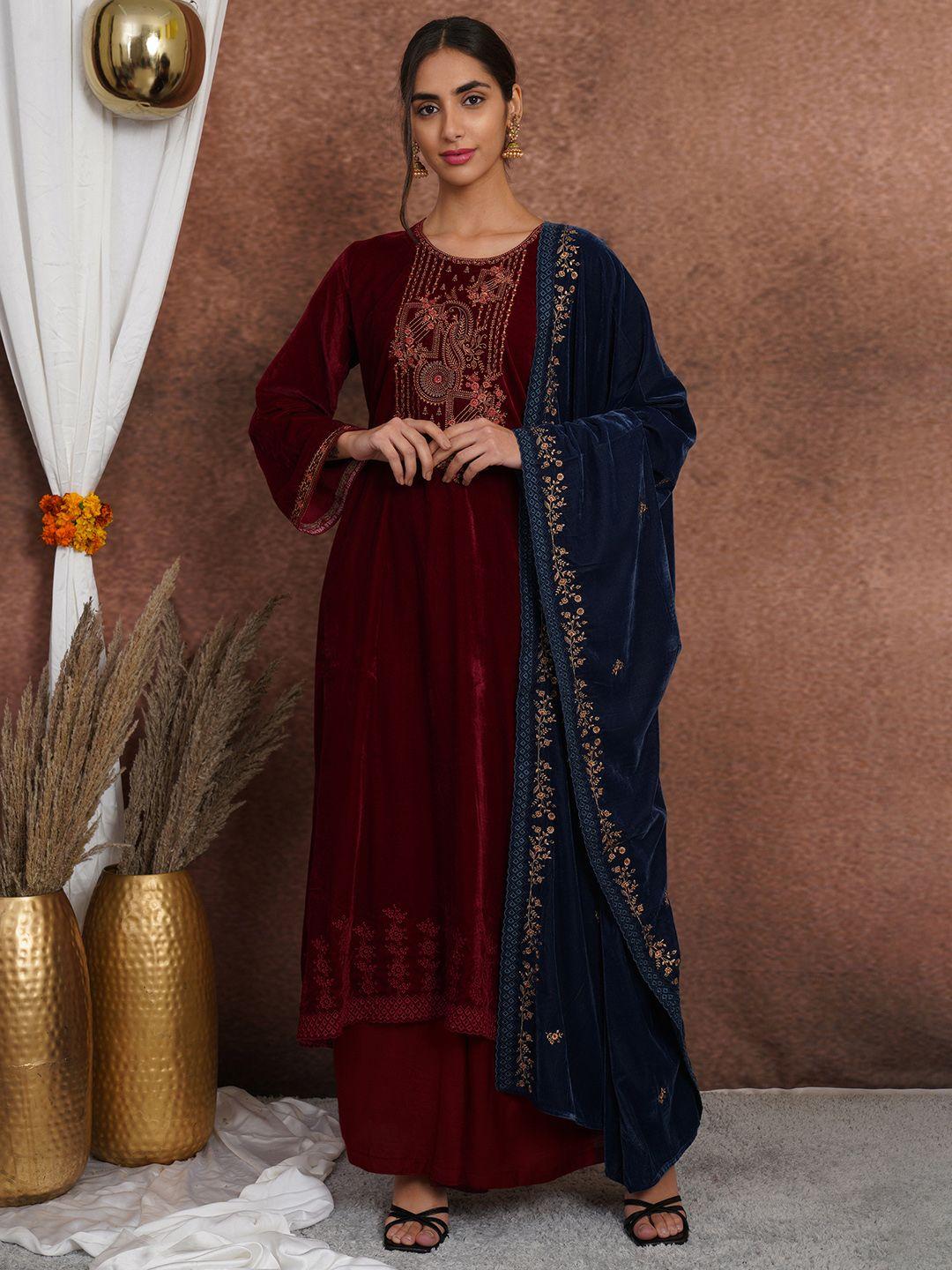 stylee lifestyle maroon & navy blue embroidered velvet unstitched dress material