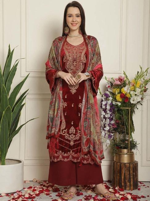 stylee lifestyle maroon embroidered unstitiched dress material