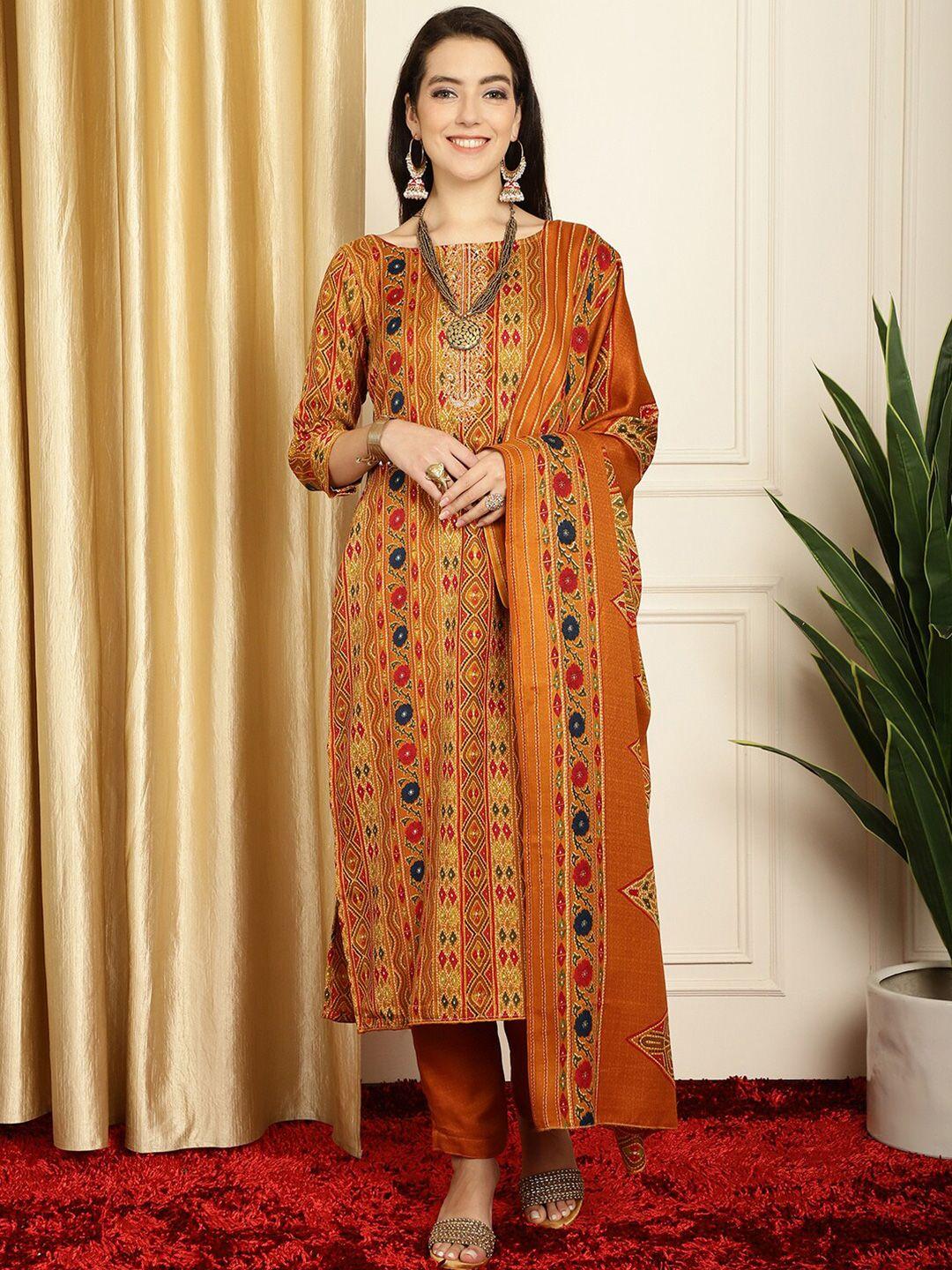 stylee lifestyle mustard & blue printed unstitched dress material