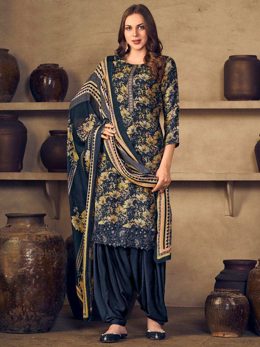 stylee lifestyle navy blue & yellow printed pure silk unstitched dress material