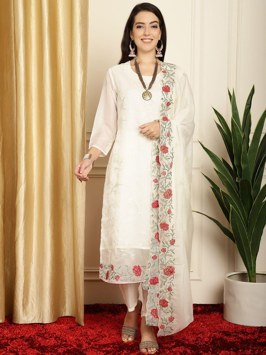 stylee lifestyle off white & red embroidered organza unstitched dress material