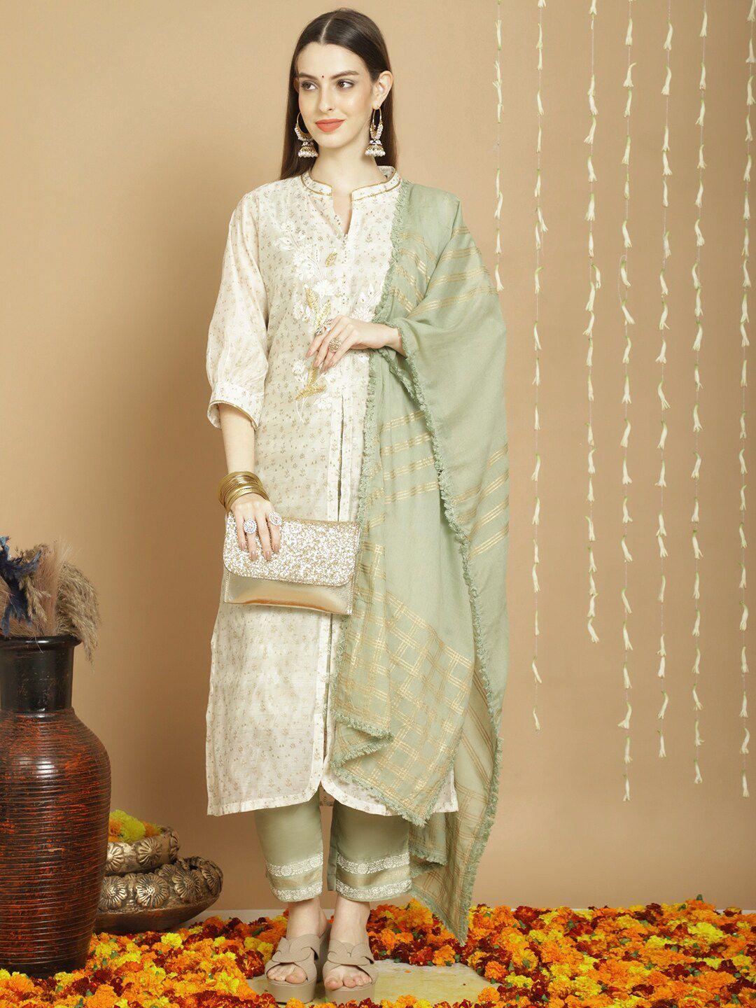 stylee lifestyle off white embroidered art silk semi-stitched dress material