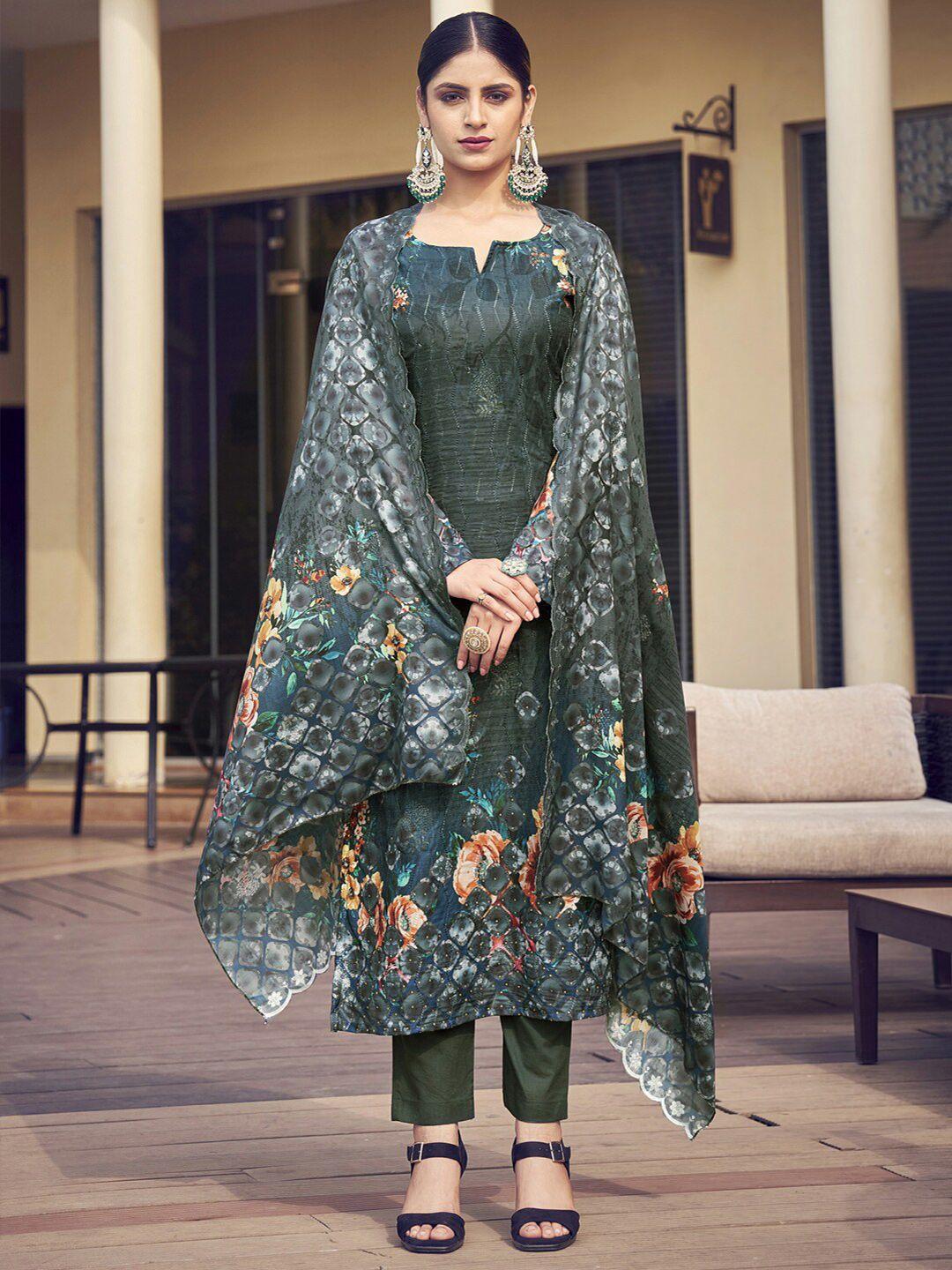 stylee lifestyle olive green & orange embroidered pure silk unstitched dress material