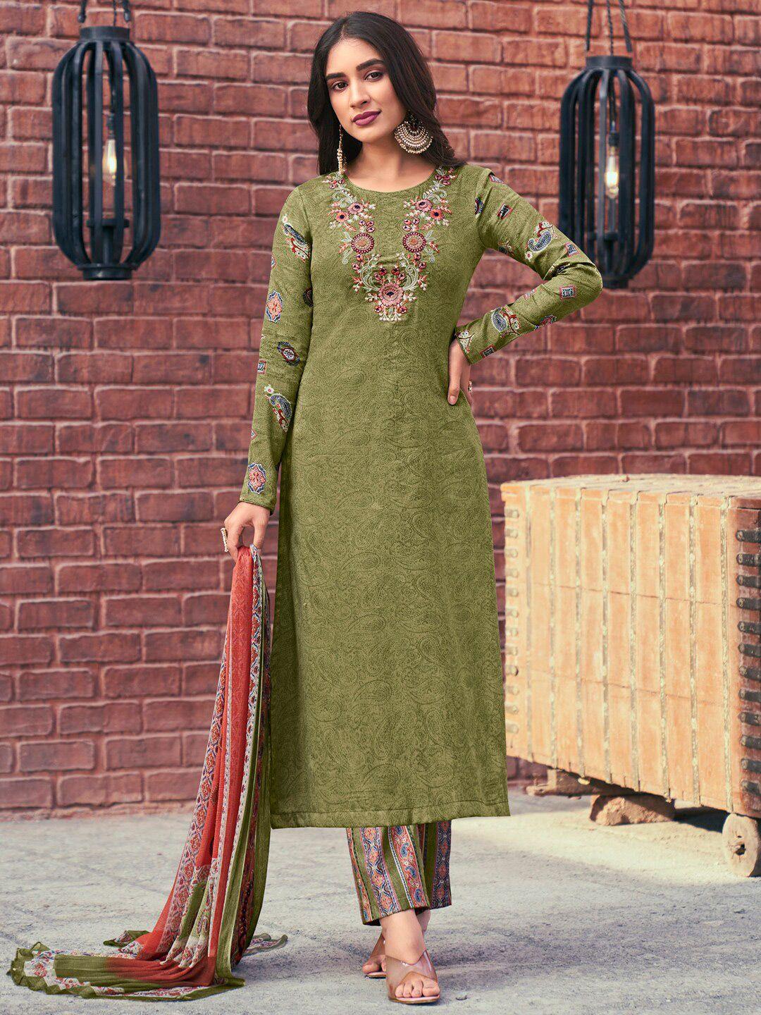 stylee lifestyle olive green & pink embroidered pure cotton unstitched dress material