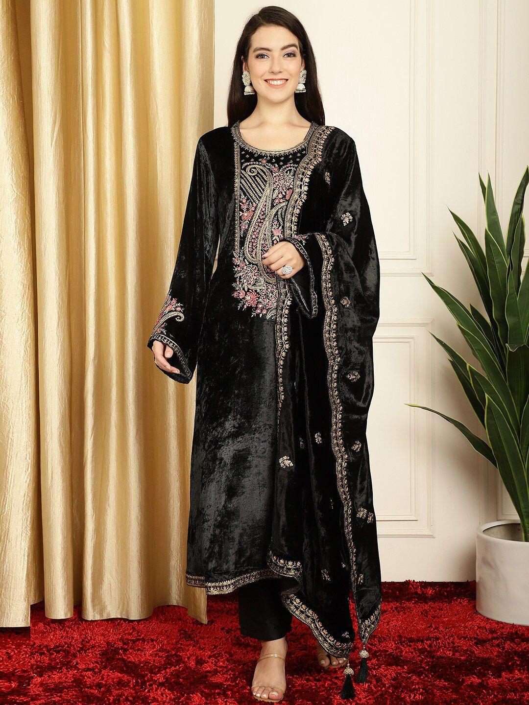 stylee lifestyle paisley embroidered velvet unstitched dress material