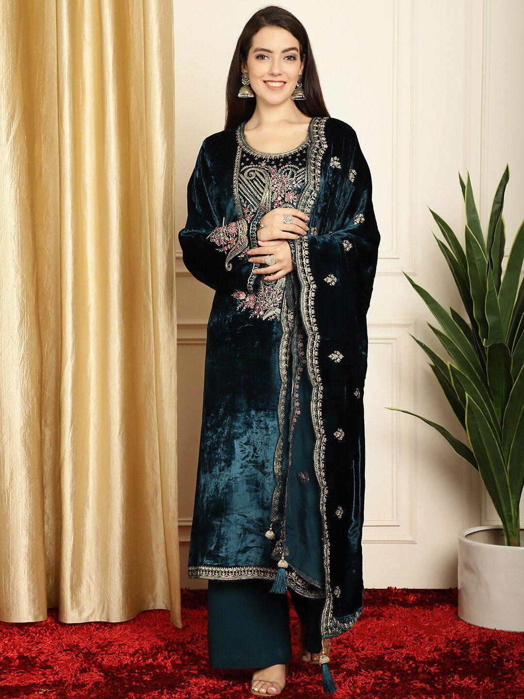 stylee lifestyle paisley embroidered velvet unstitched dress material