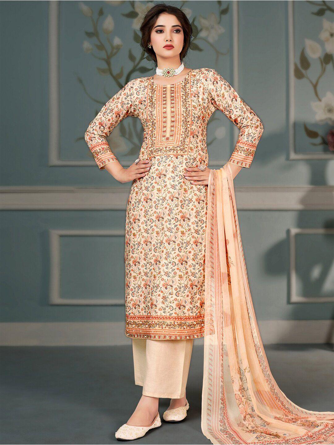 stylee lifestyle peach-coloured & green embroidered pure silk unstitched dress material