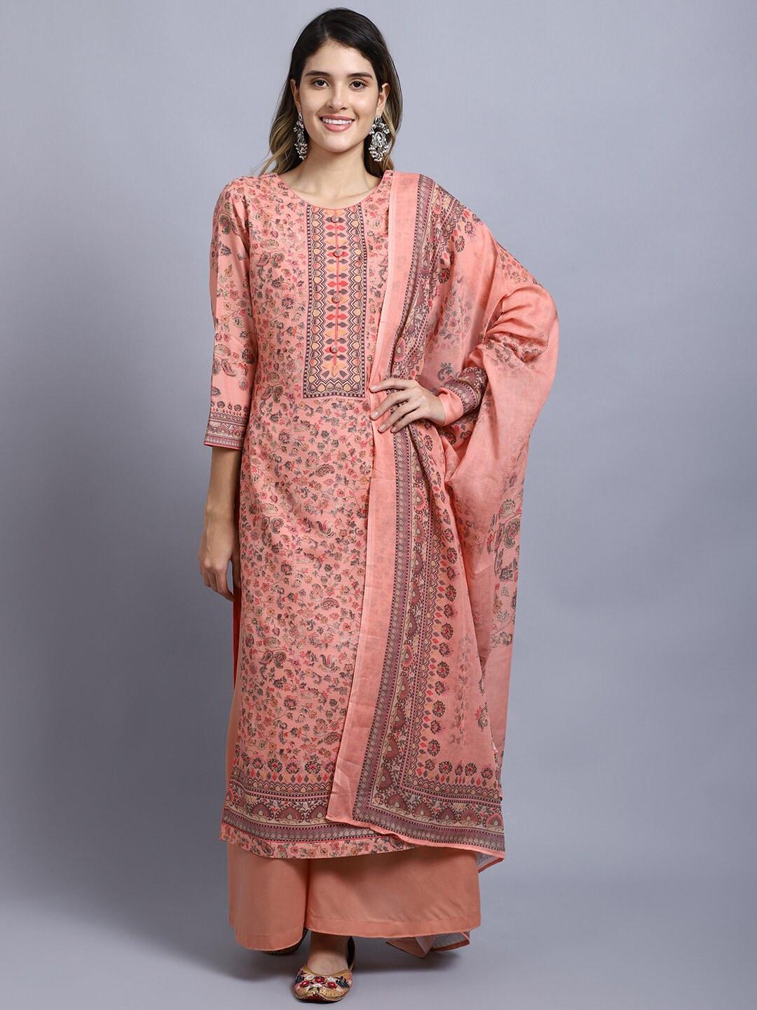 stylee lifestyle peach-coloured & grey printed unstitched dress material