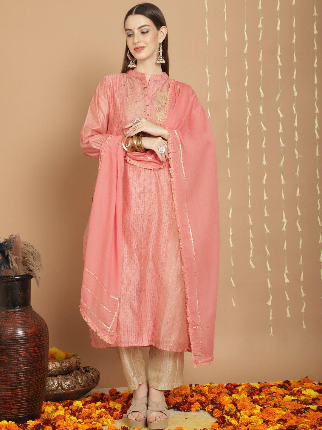 stylee lifestyle peach-coloured embroidered art silk semi-stitched dress material