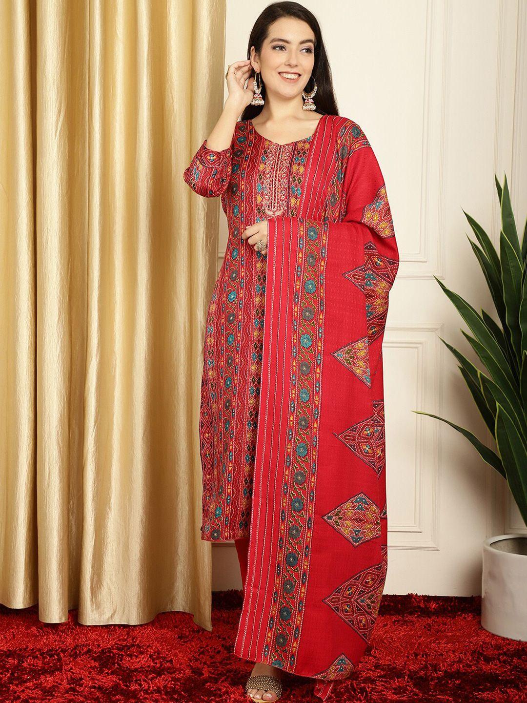 stylee lifestyle red & blue printed unstitched dress material