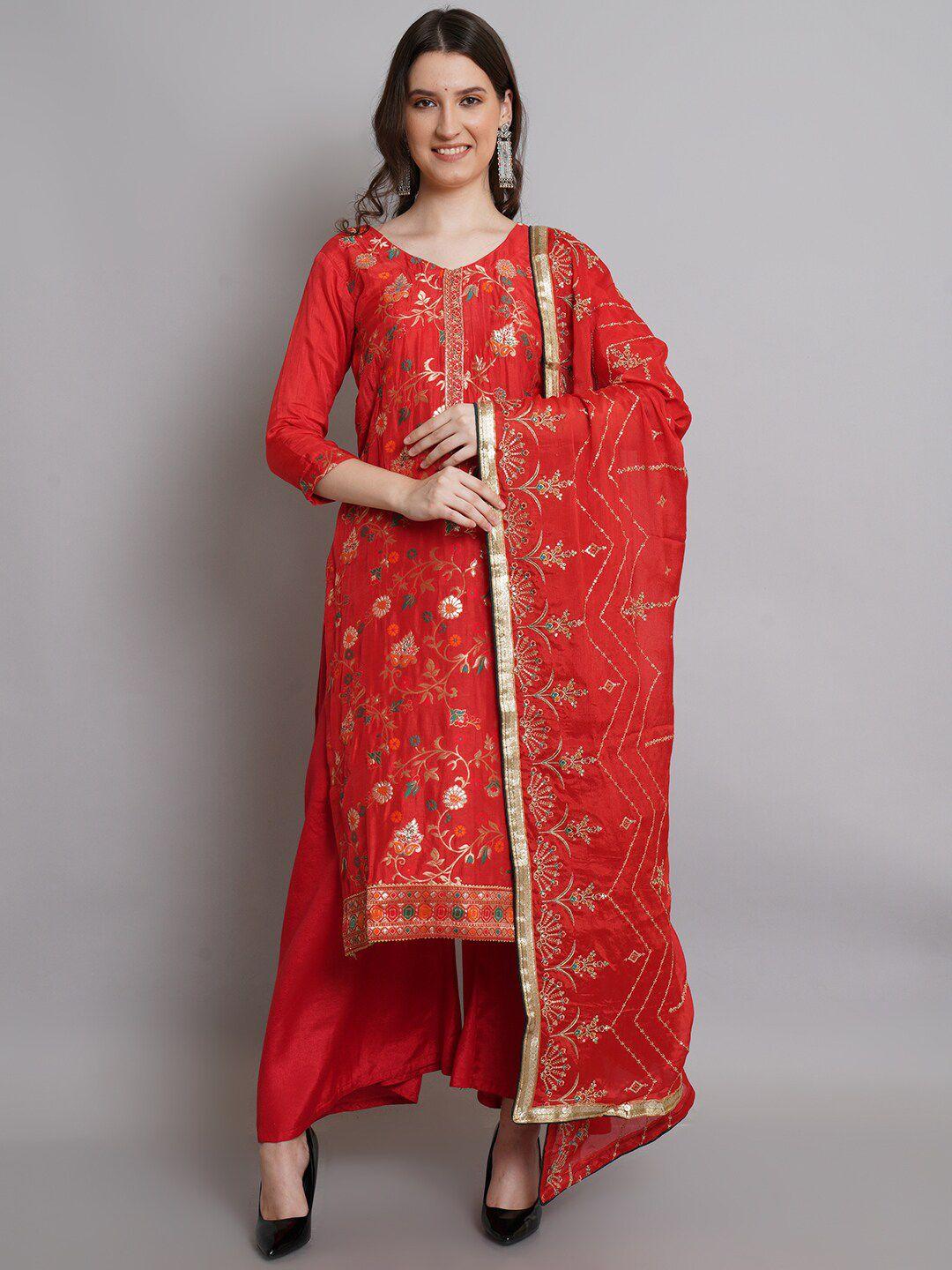stylee lifestyle red & gold-toned unstitched dress material