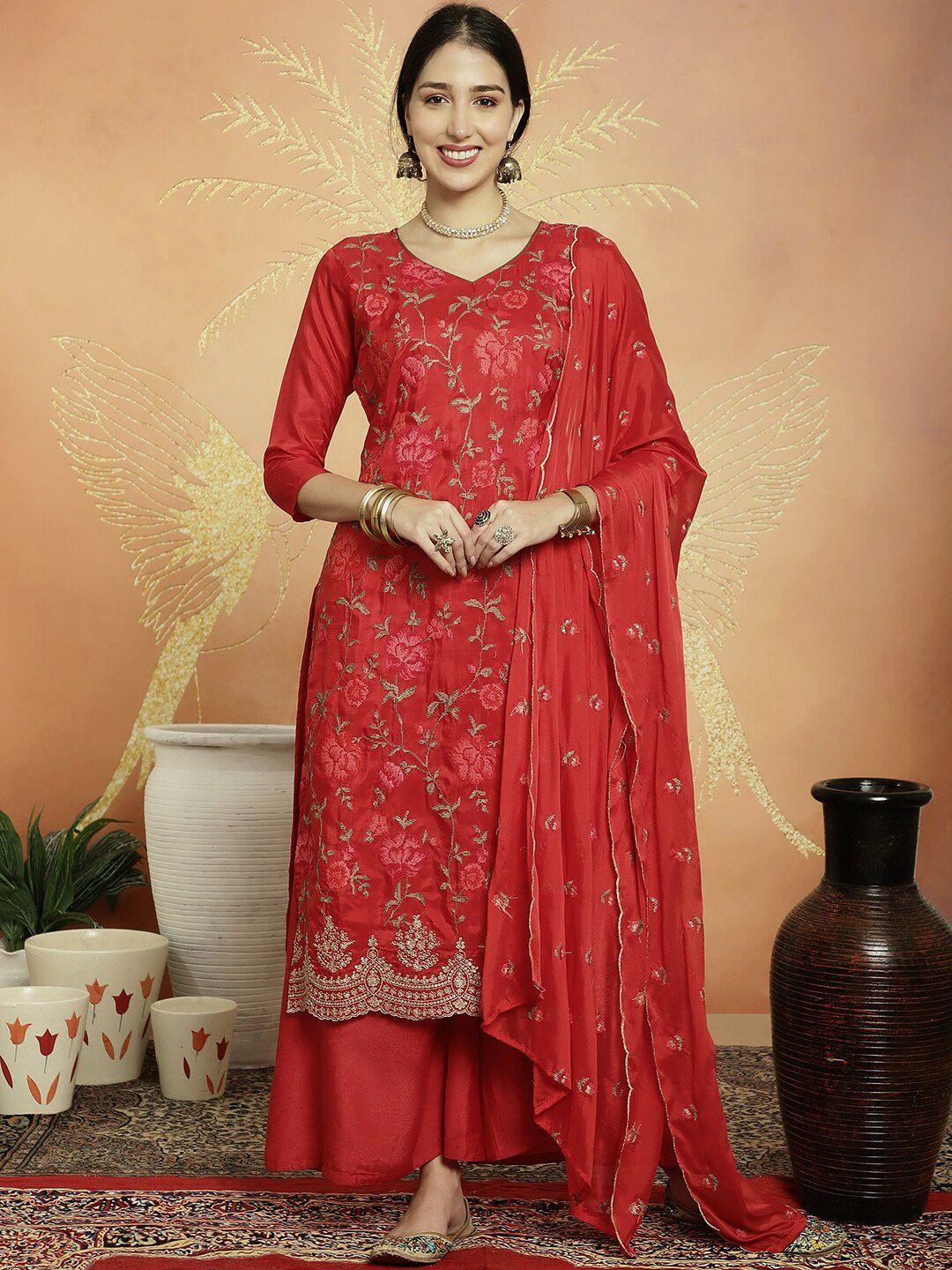 stylee lifestyle red embroidered pure silk unstitched dress material