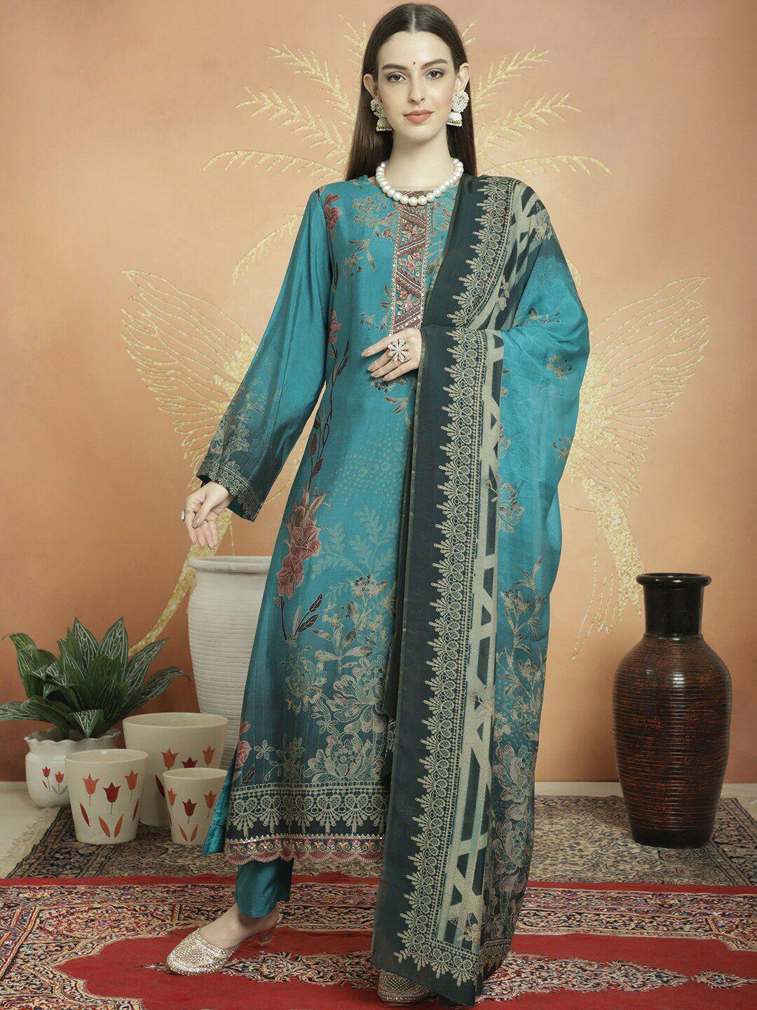 stylee lifestyle teal printed pure silk unstitched dress material
