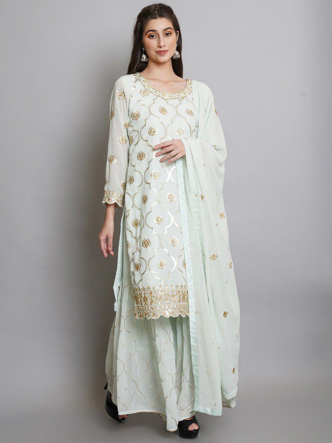 stylee lifestyle turquoise blue & gold-toned embroidered semi-stitched dress material