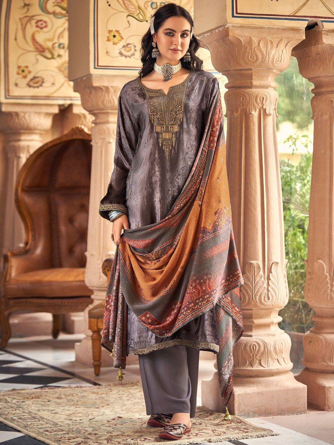 stylee lifestyle women brown & mustard embroidered velvet unstitched dress material