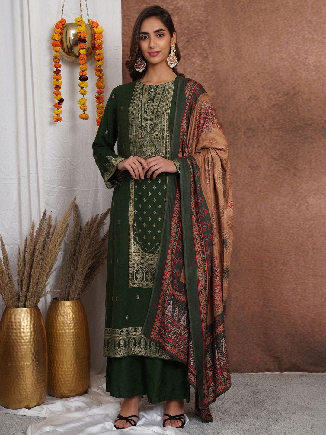 stylee lifestyle women green & gold-toned unstitched dress material