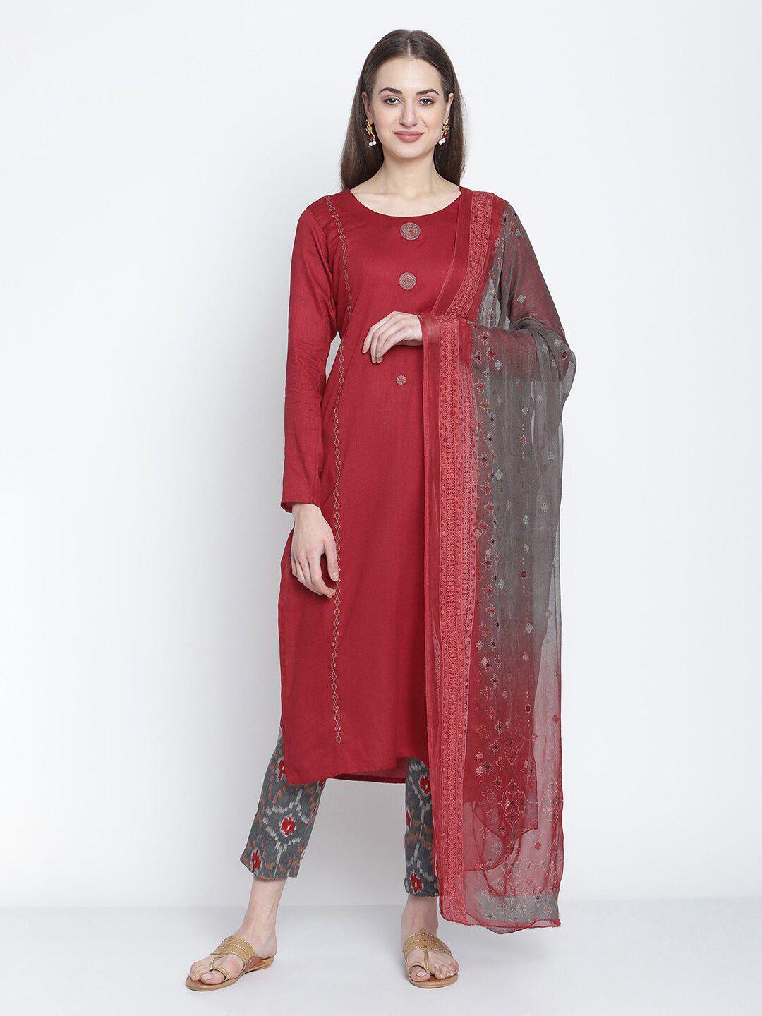 stylee lifestyle women maroon & grey embroidered cotton blend unstitched dress material