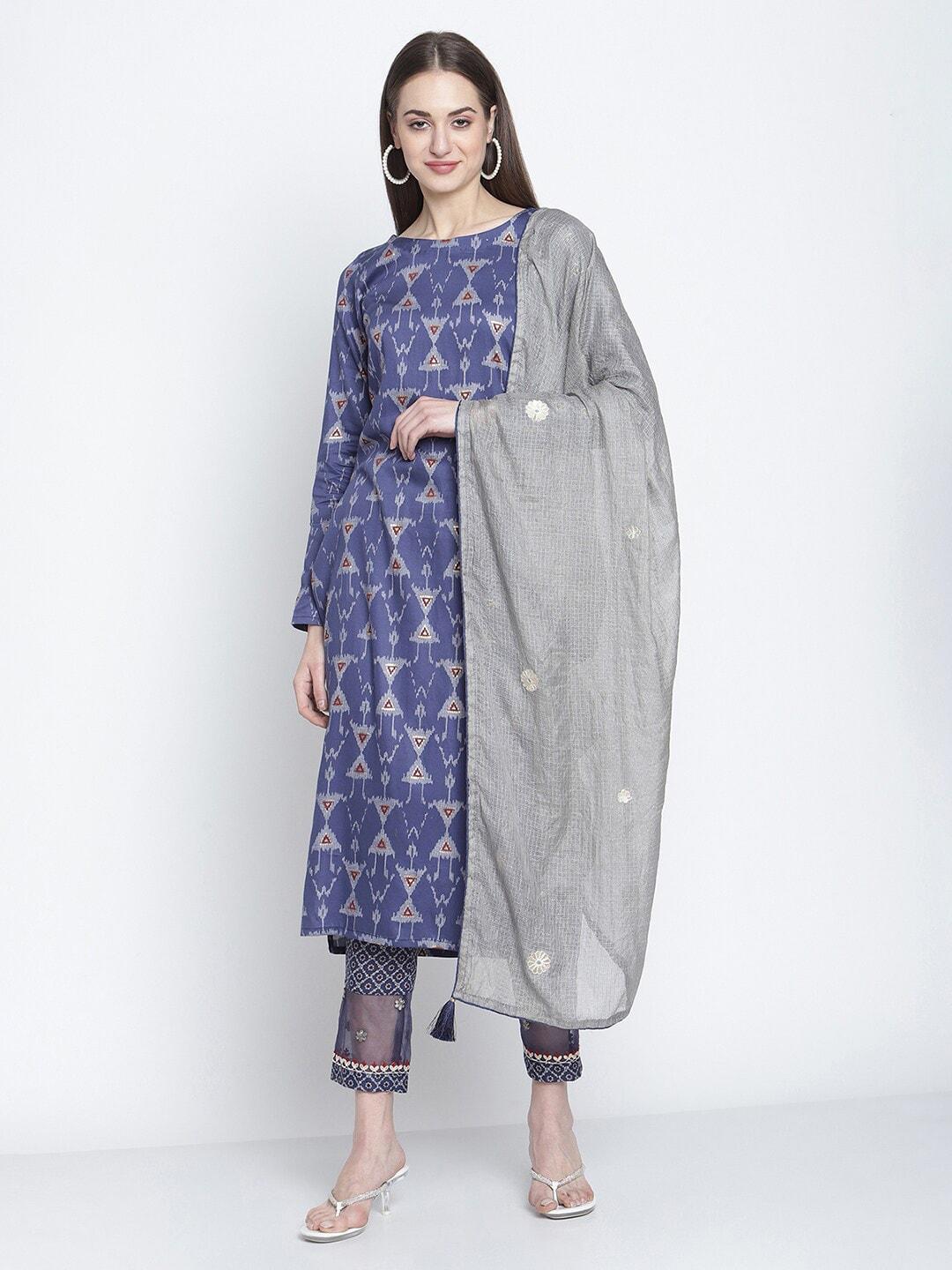 stylee lifestyle women navy blue & grey woven design cotton unstitched dress material