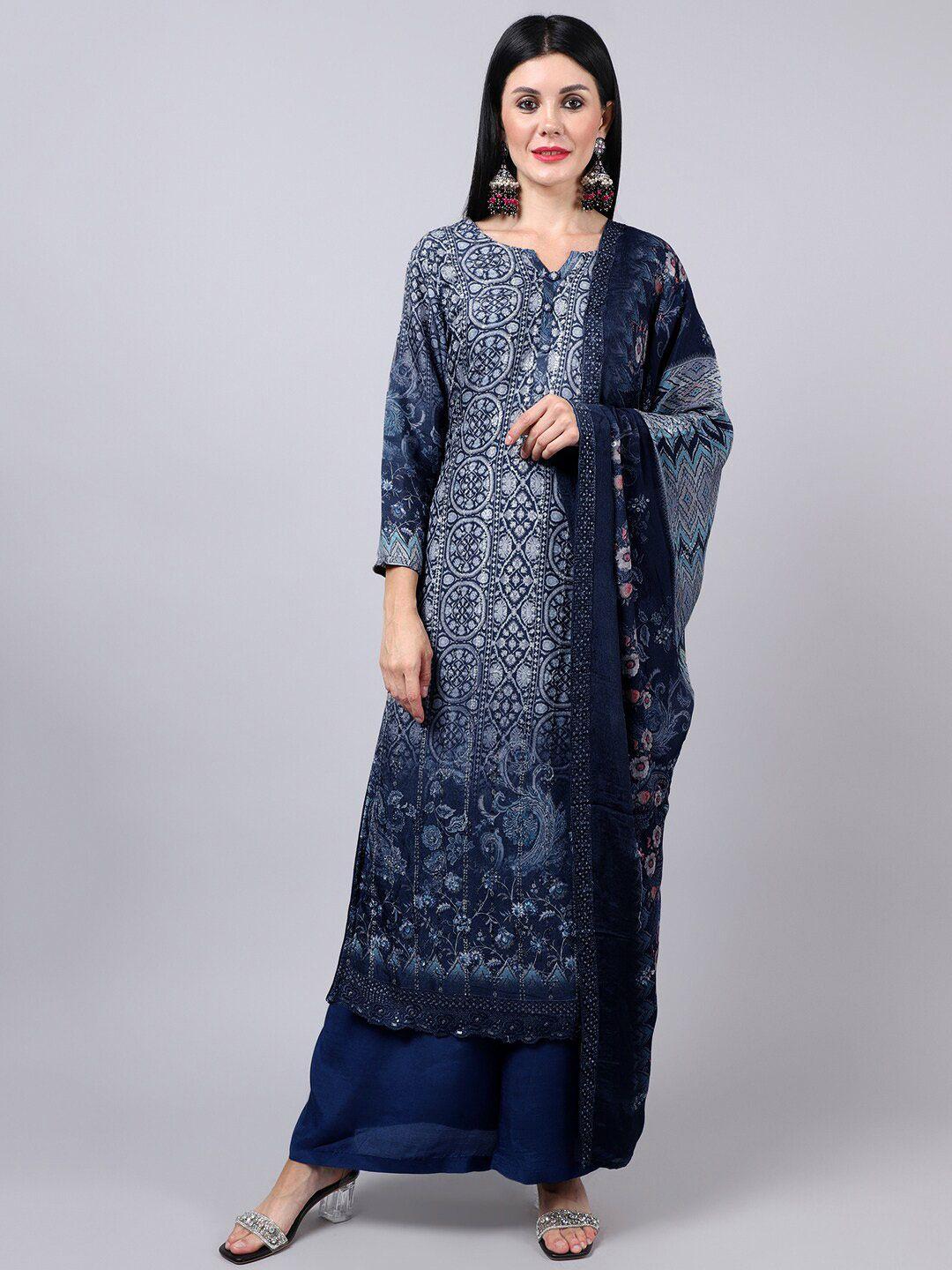 stylee lifestyle women navy blue & white embroidered pure silk unstitched dress material