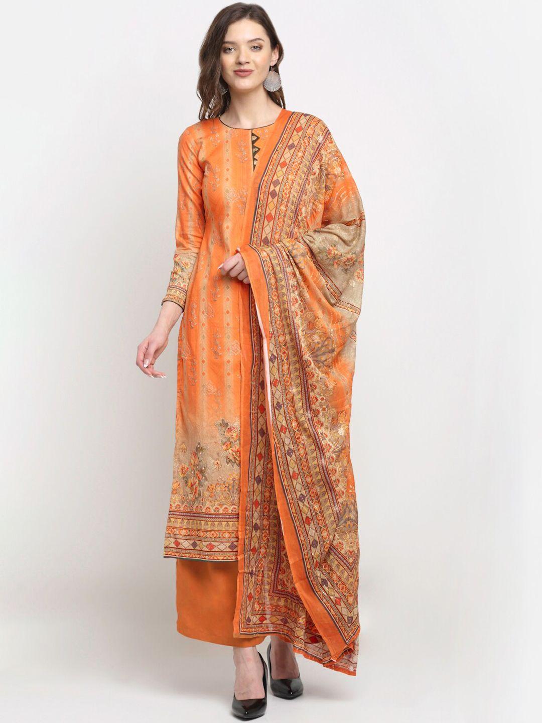 stylee lifestyle women orange printed cotton unstitched dress material