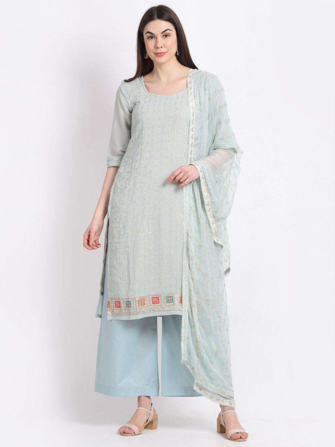 stylee lifestyle women sage green & blue embroidered unstitched dress material