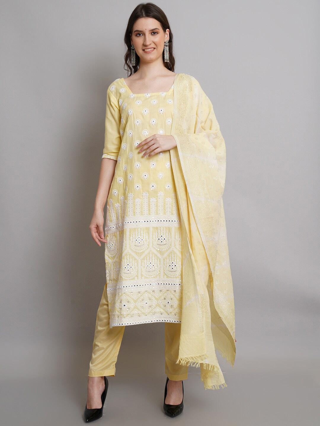 stylee lifestyle yellow & white unstitched dress material