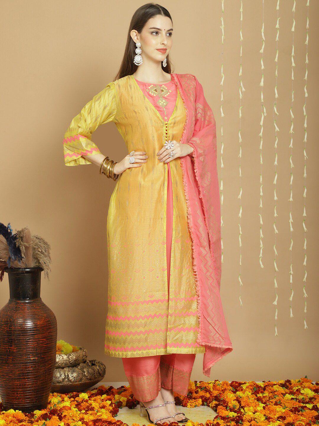 stylee lifestyle yellow embroidered art silk semi-stitched dress material