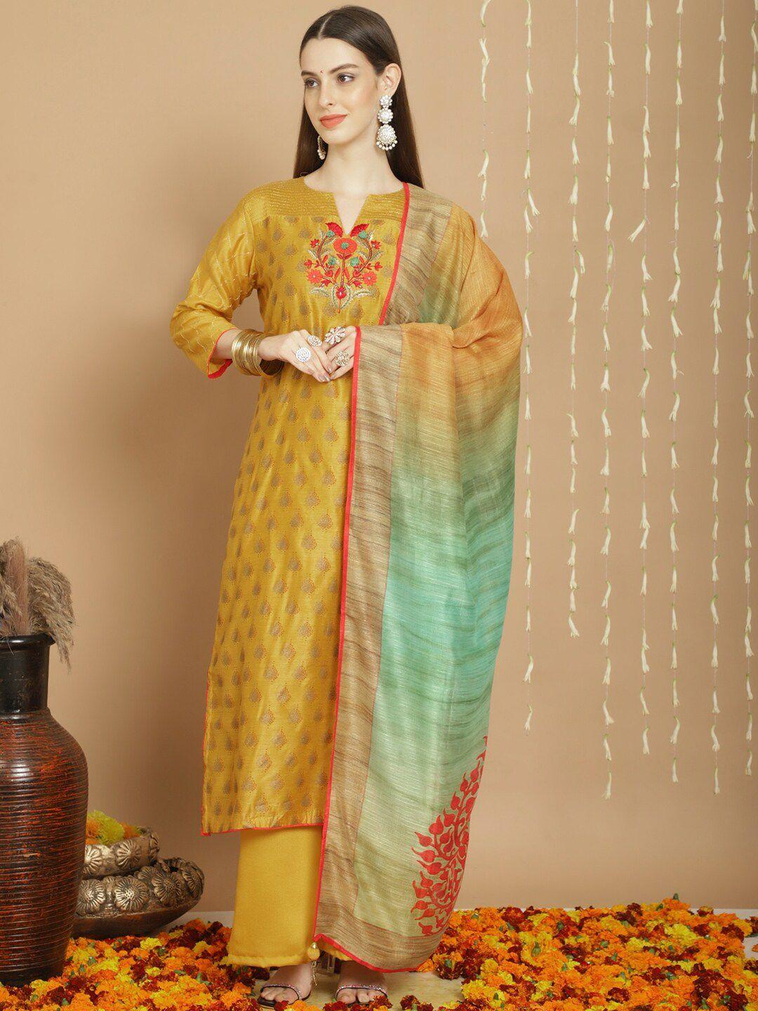 stylee lifestyle yellow embroidered art silk semi-stitched dress material