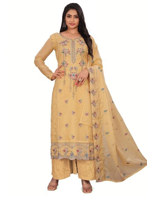 stylee lifestyle yellow embroidered unstitched dress material