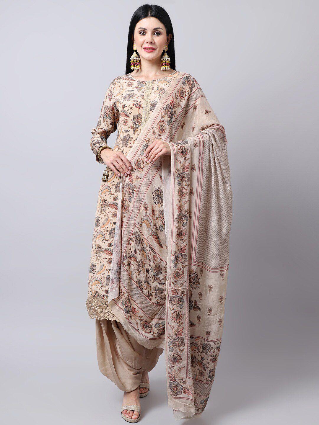 stylee lifestyle beige & grey embroidered silk crepe unstitched dress material