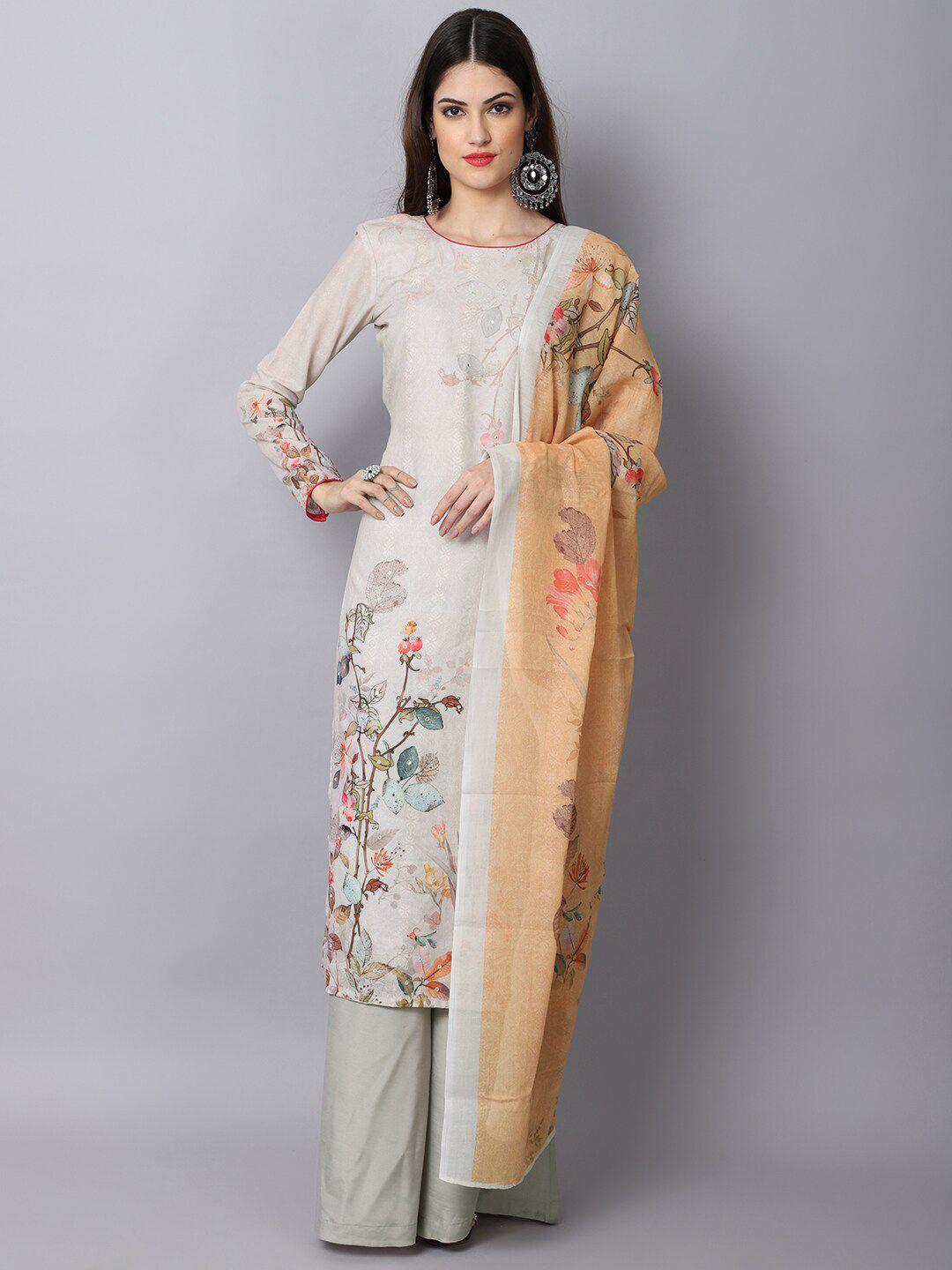 stylee lifestyle beige & grey pure cotton unstitched dress material