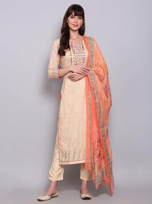 stylee lifestyle beige cotton embroidered unstitched dress material