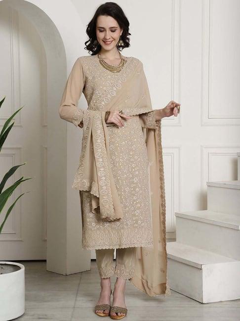 stylee lifestyle beige embroidered unstitched dress material