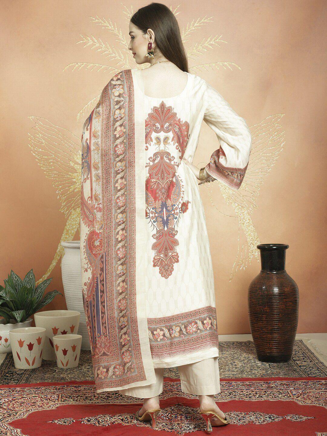 stylee lifestyle beige printed pure silk unstitched dress material