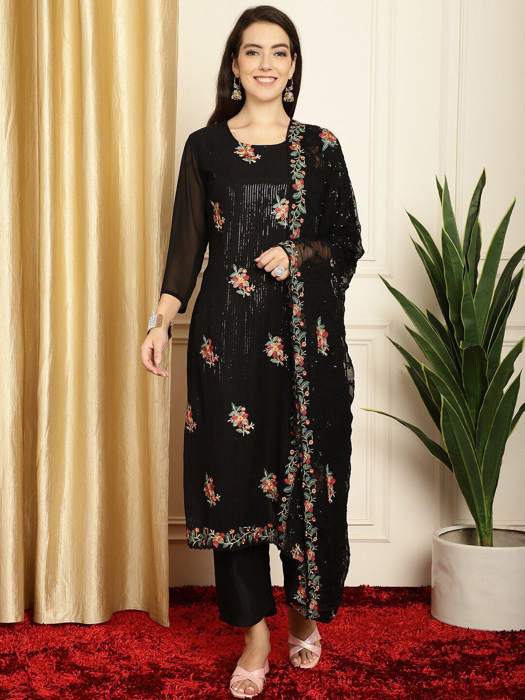 stylee lifestyle black & peach-coloured embroidered silk georgette unstitched dress material