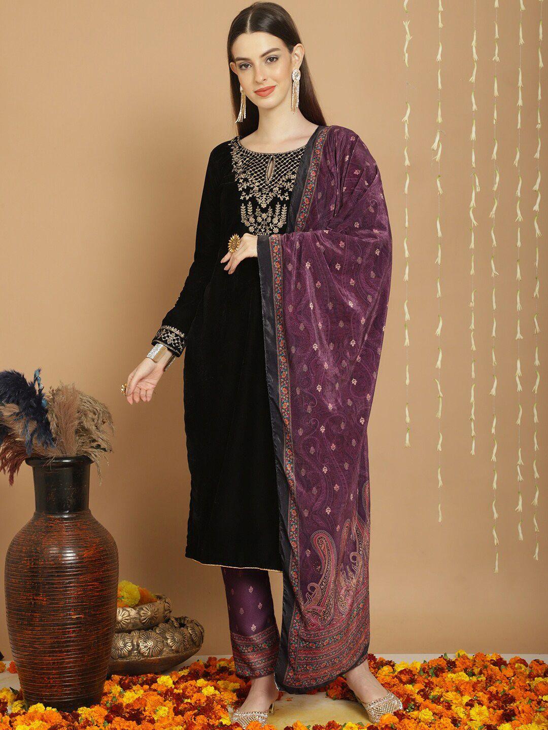 stylee lifestyle black embroidered velvet unstitched dress material