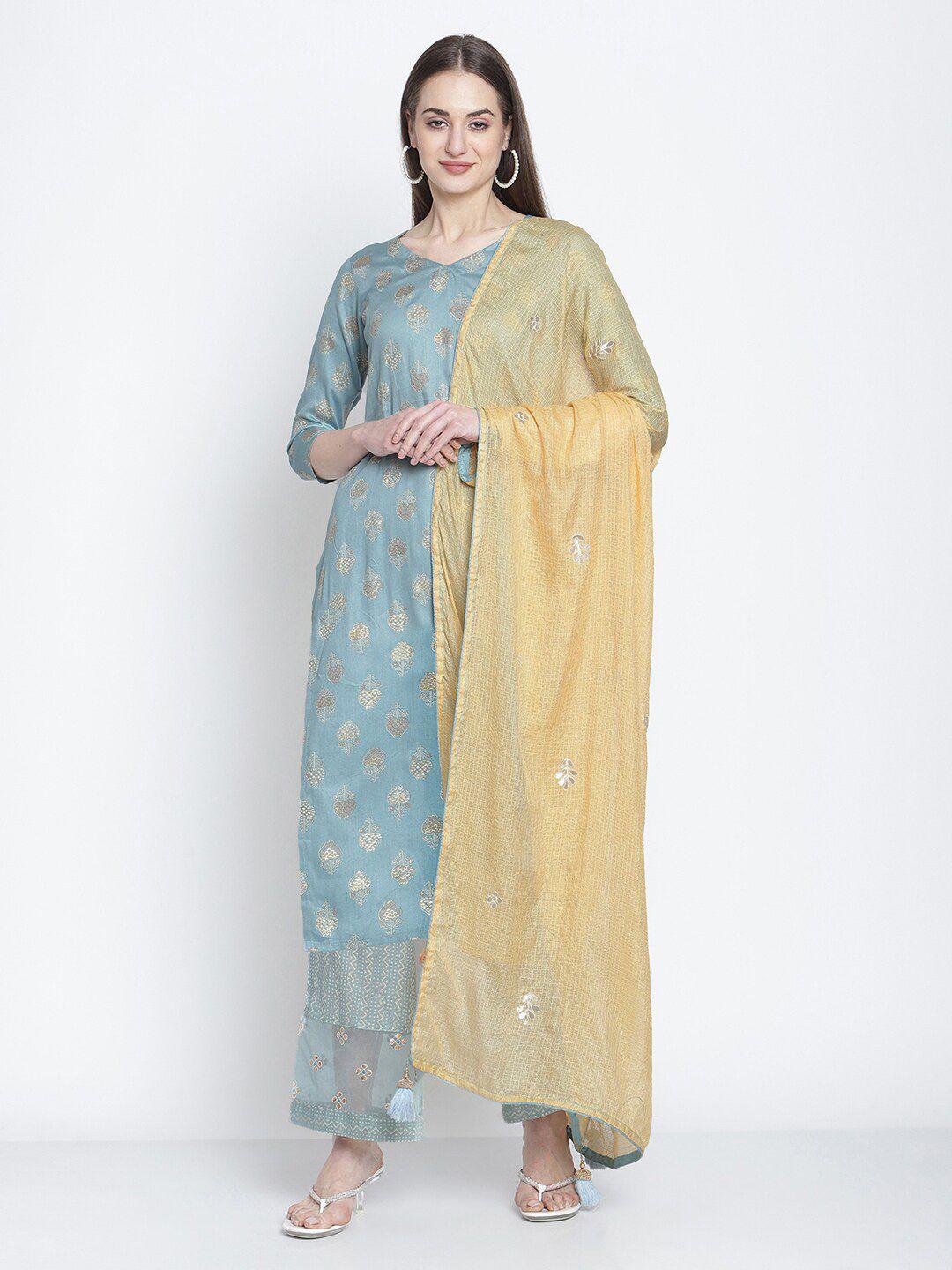 stylee lifestyle blue & beige printed cotton unstitched dress material