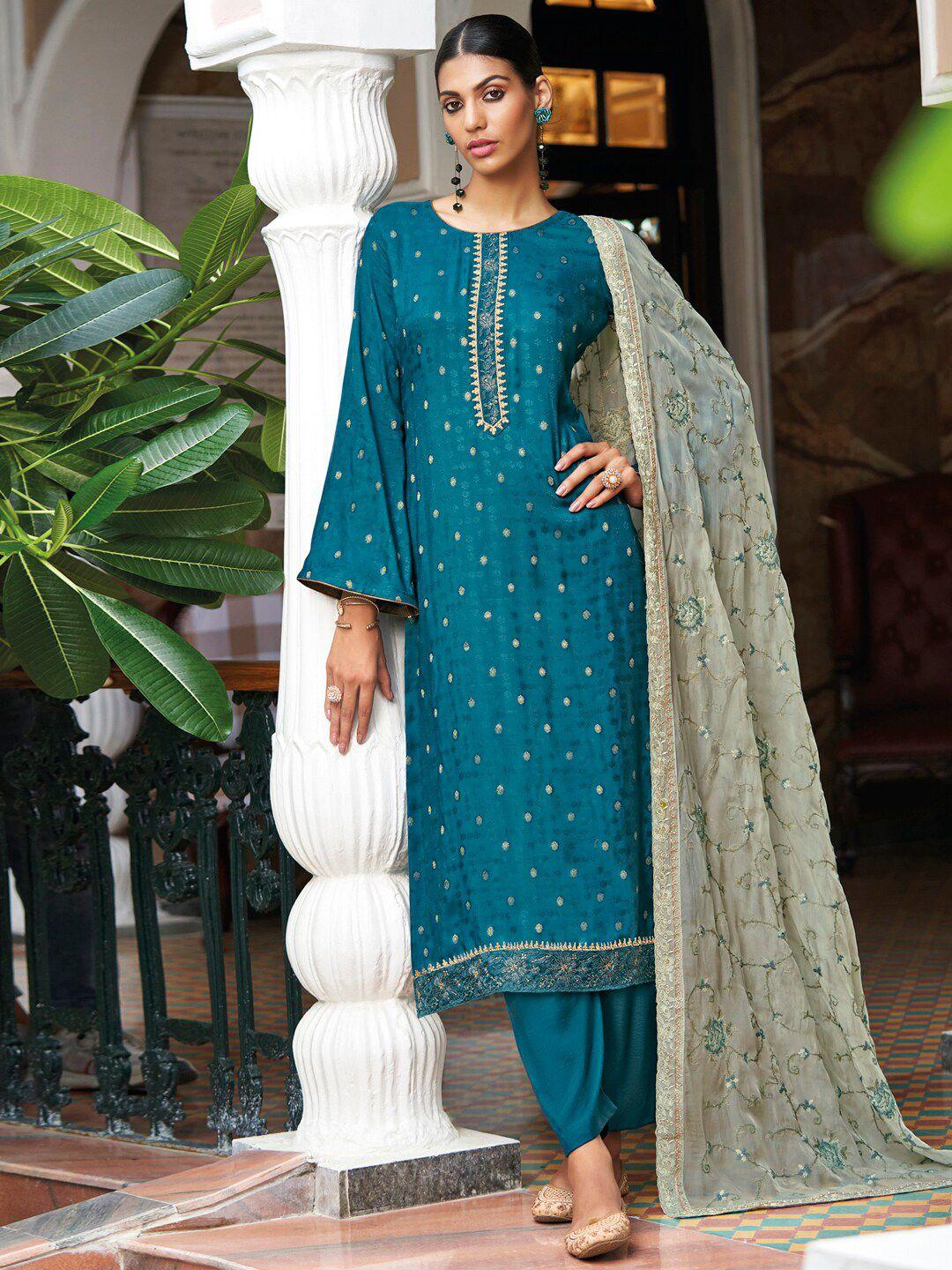 stylee lifestyle blue & gold-toned embroidered art silk unstitched dress material