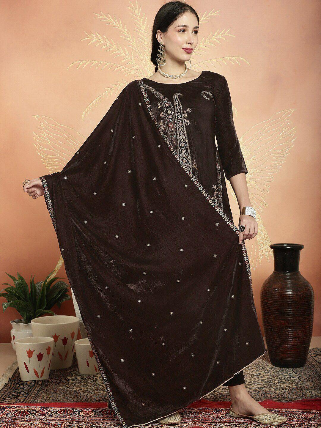 stylee lifestyle brown embroidered velvet unstitched dress material