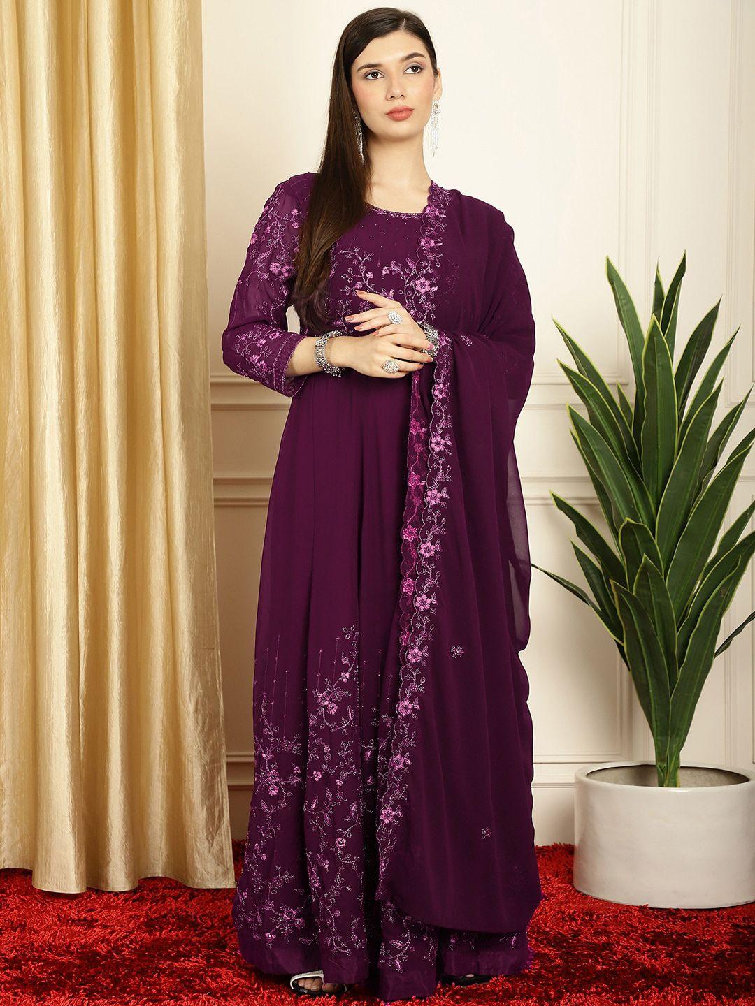 stylee lifestyle burgundy embroidered silk georgette semi-stitched dress material