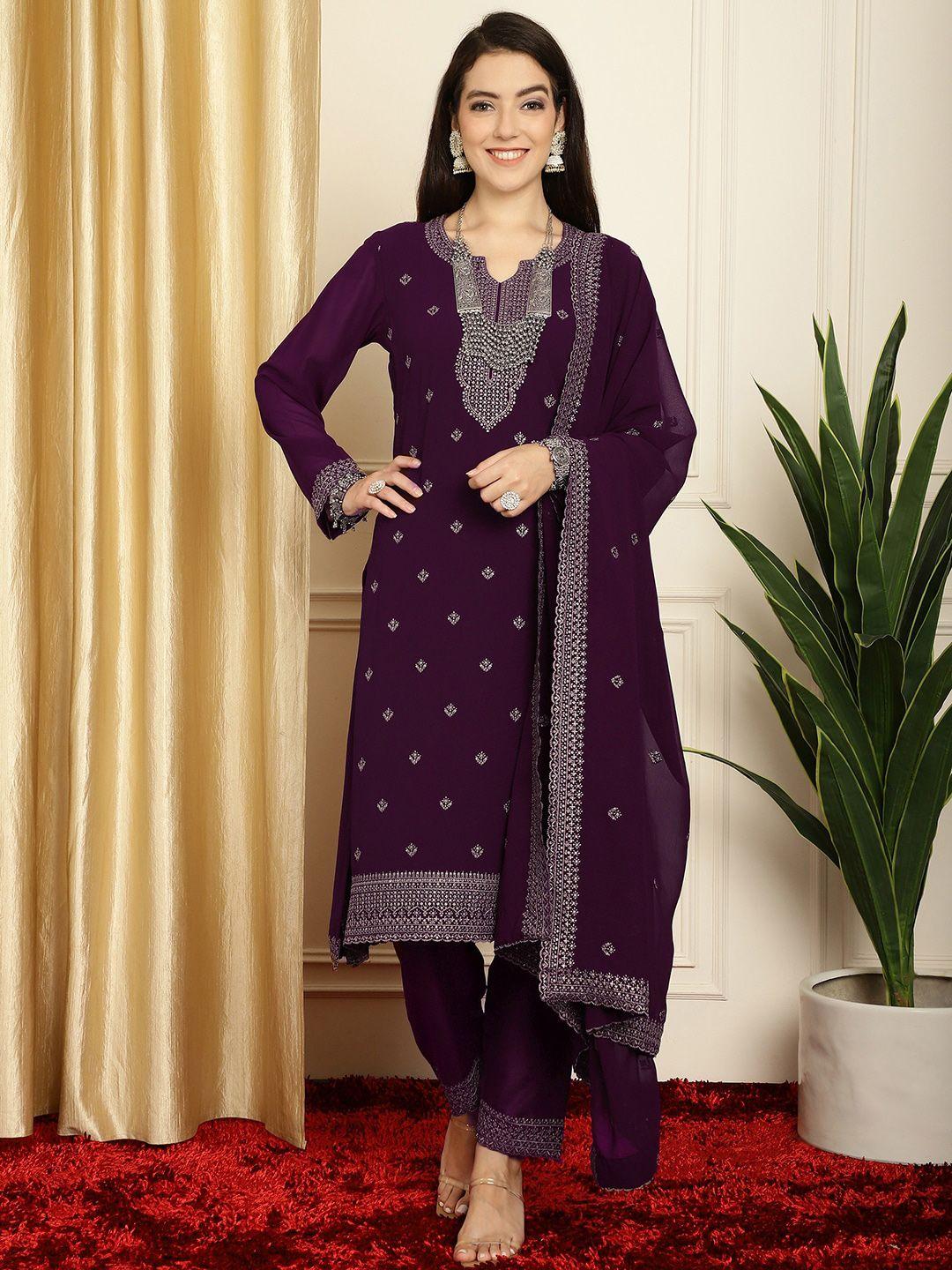 stylee lifestyle burgundy embroidered silk georgette unstitched dress material