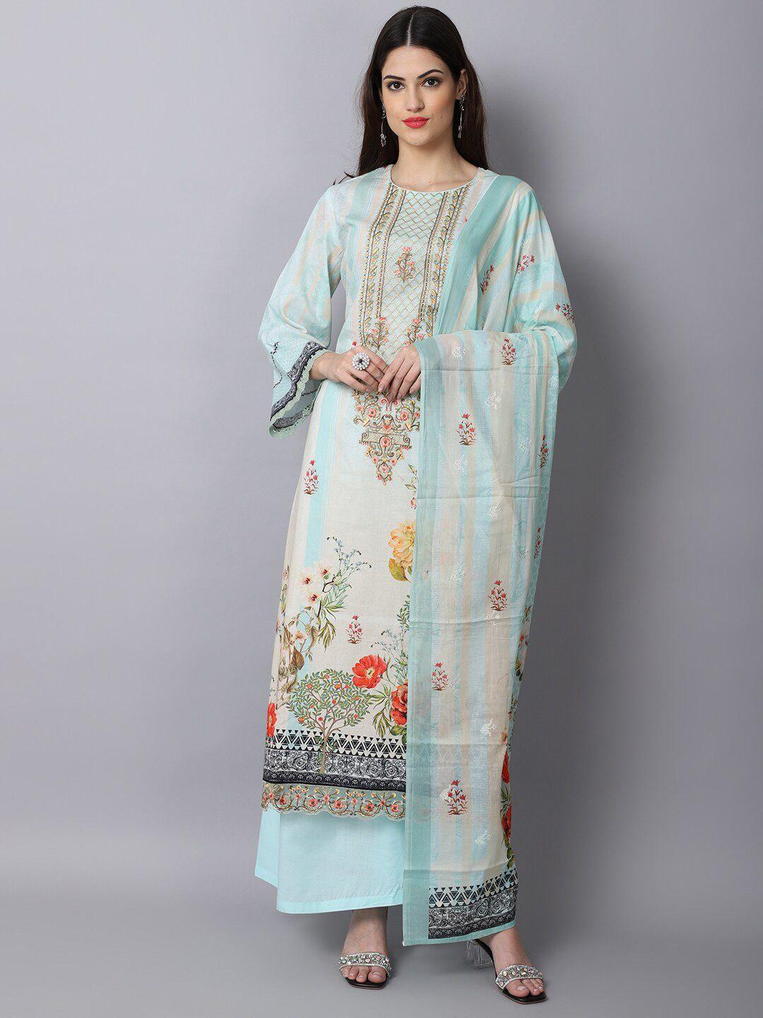stylee lifestyle cream-coloured & blue printed unstitched dress material