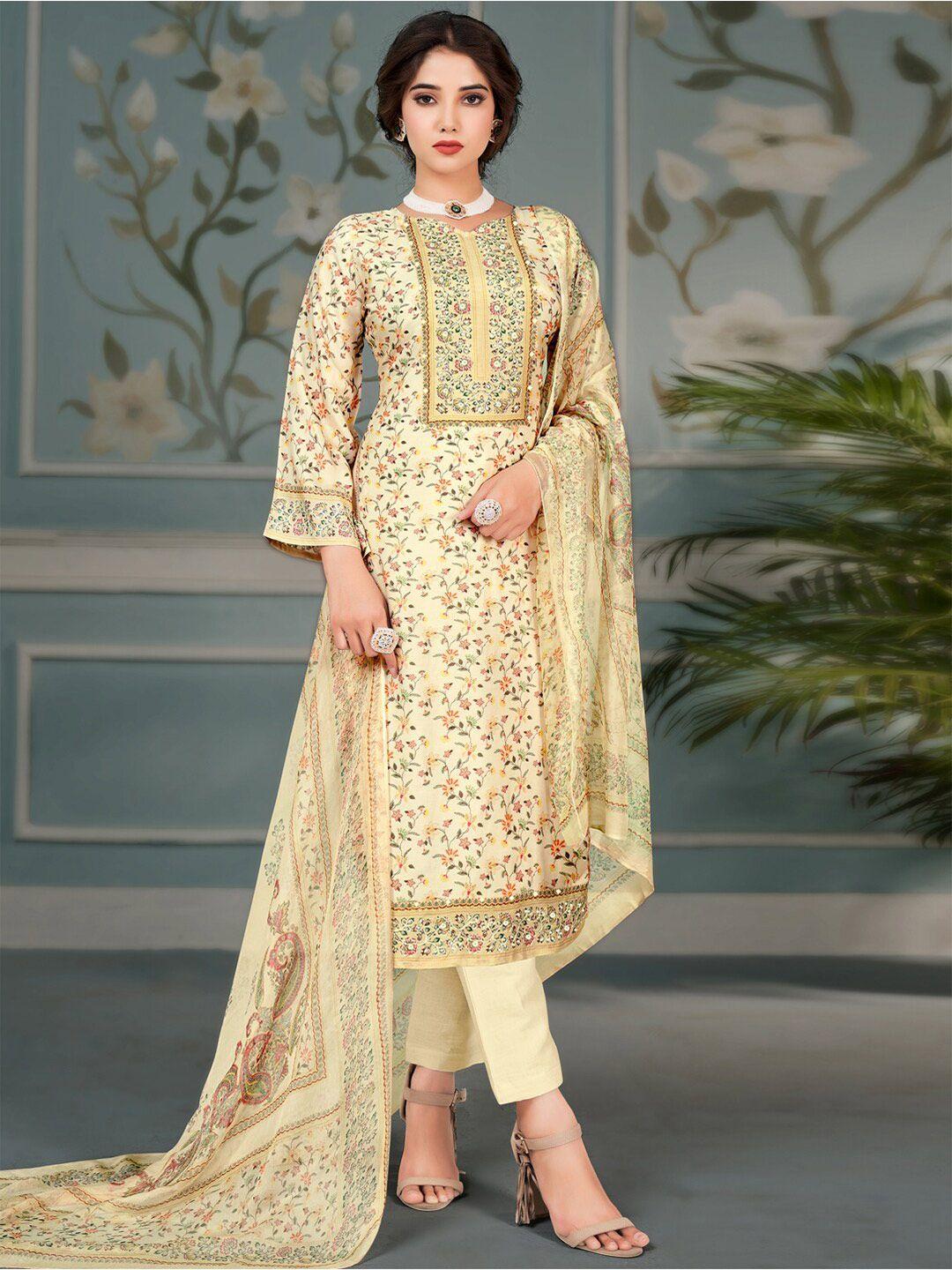 stylee lifestyle cream-coloured & green embroidered pure silk unstitched dress material