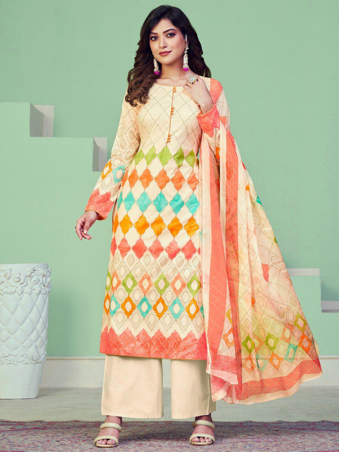 stylee lifestyle cream-coloured & orange printed pure cotton unstitched dress material