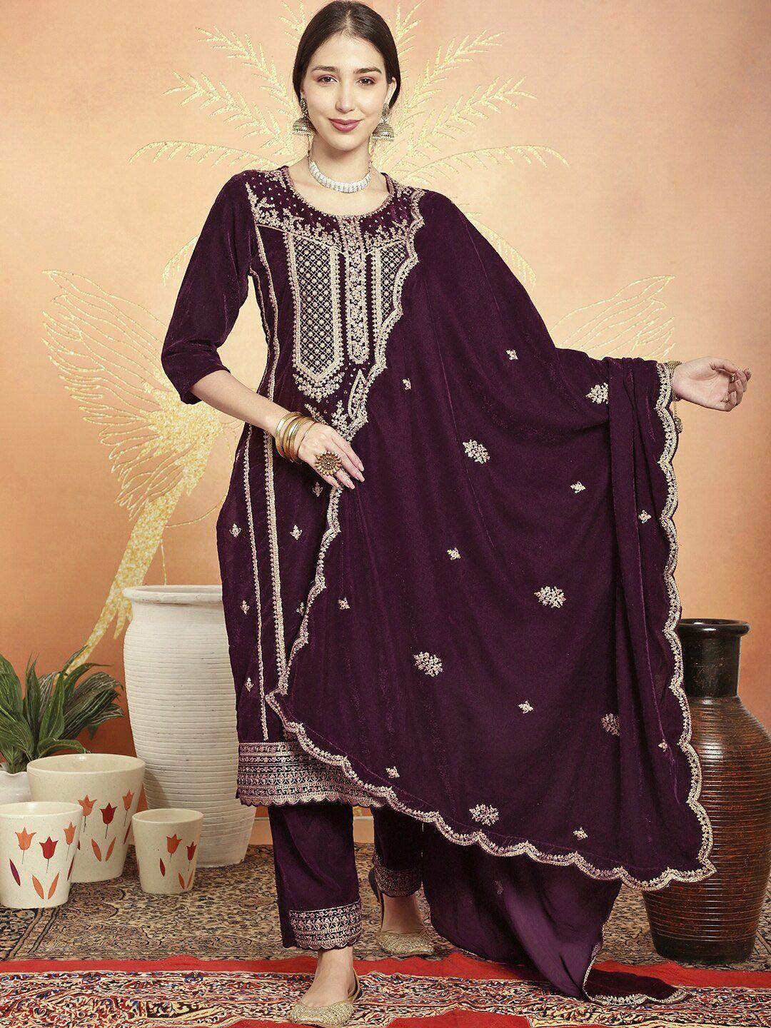 stylee lifestyle ethnic motifs embroidered sequinned velvet unstitched dress material